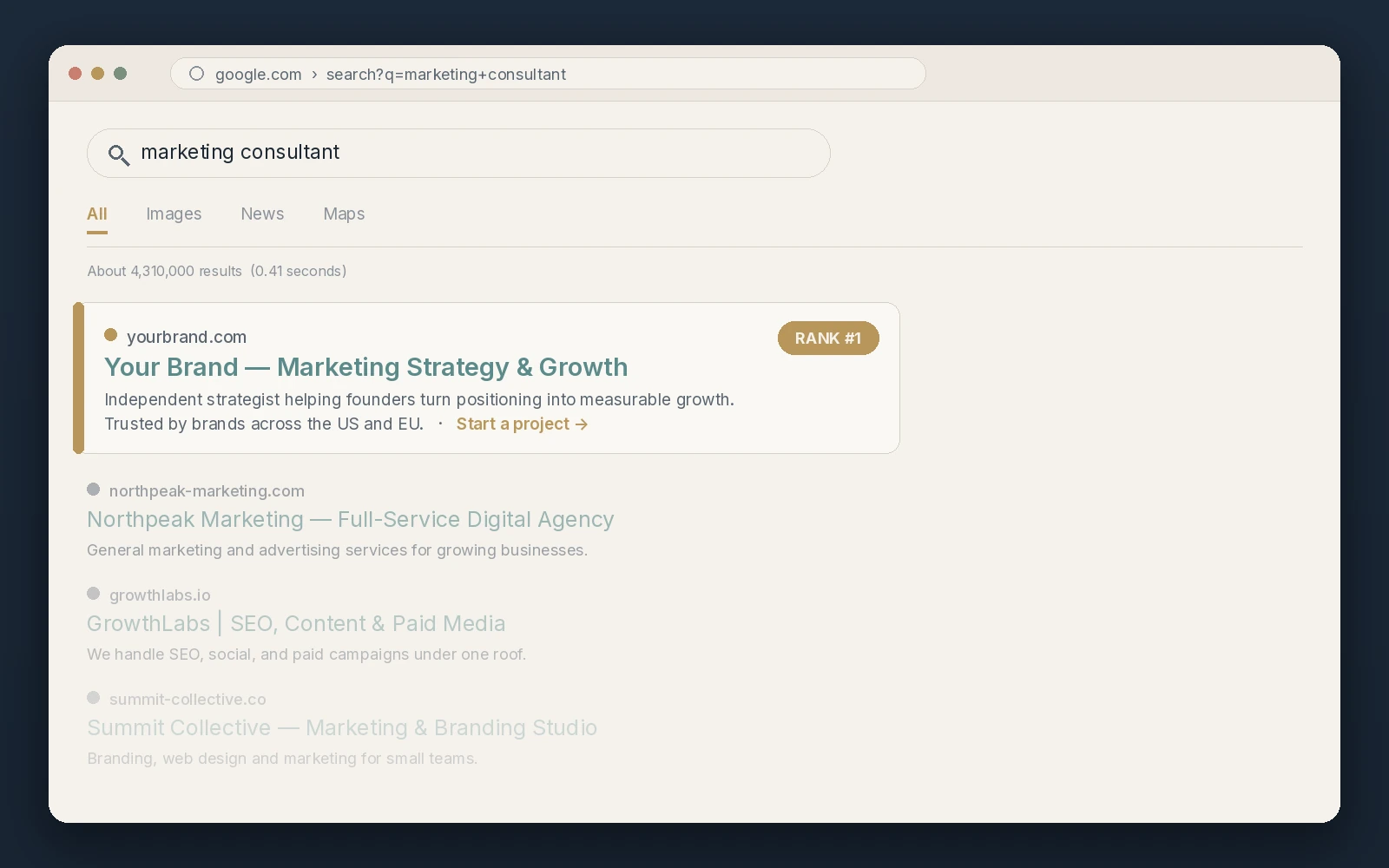 Digital growth agency SEO result brand ranked first on Google