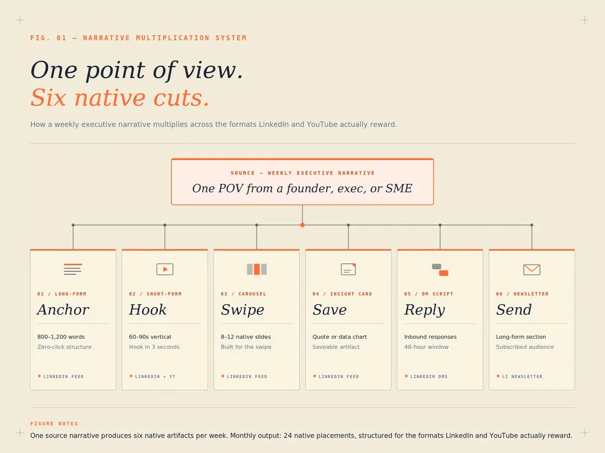 Narrative multiplication diagram: one weekly executive POV branching into six native LinkedIn and YouTube placements.