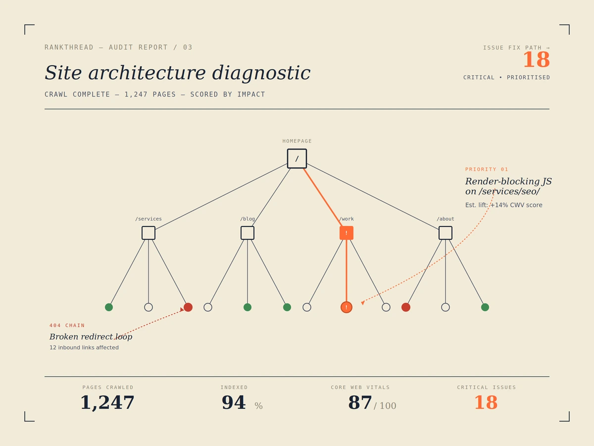 Technical SEO audit diagram showing site architecture and prioritized fix path.