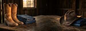Cowboy boots, a felt hat, and folded denim on a rustic wood table in warm barn light.